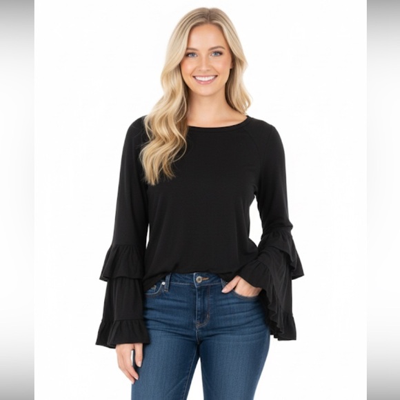 Snappy turtle small black boho bell sleeves top - Picture 1 of 7